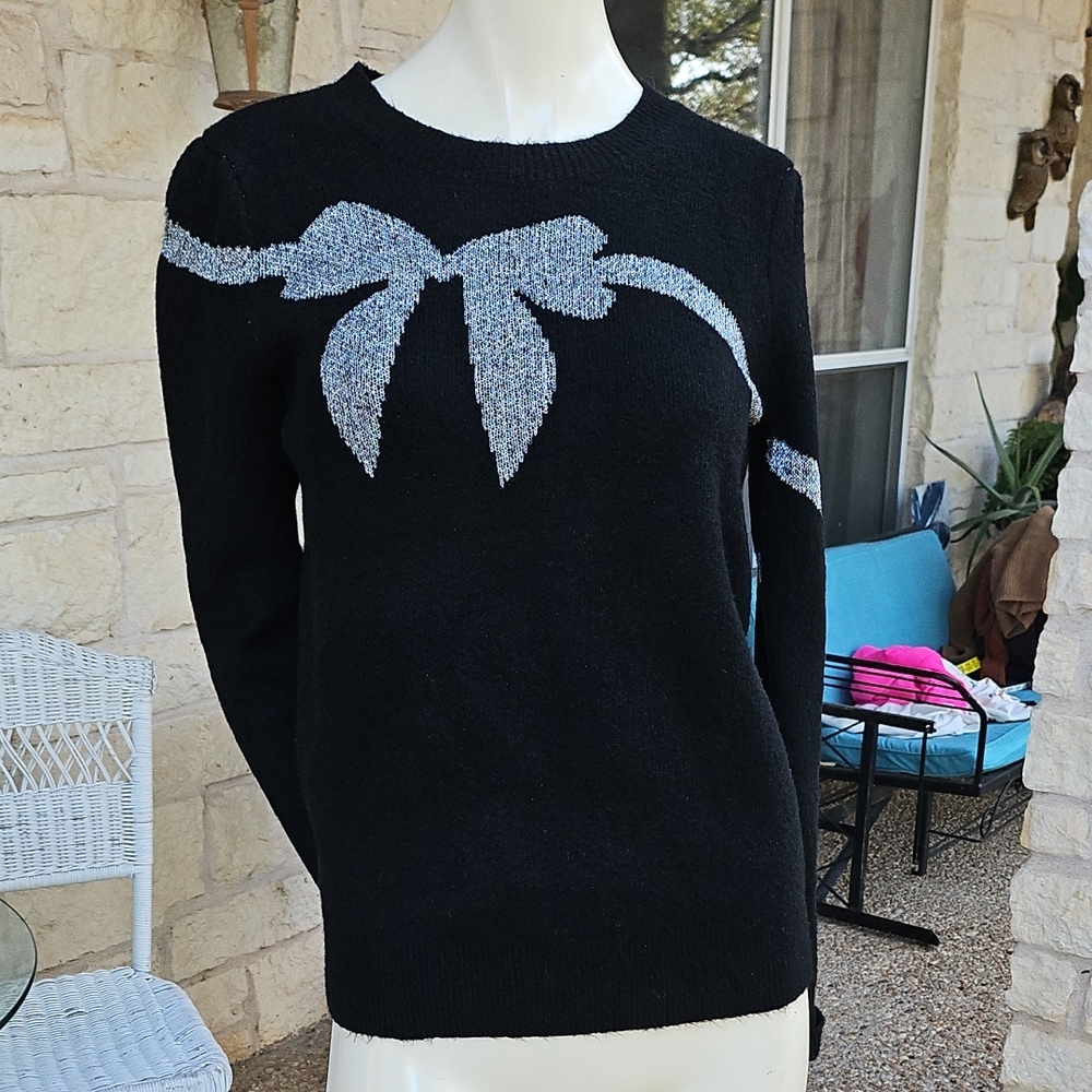 LOFT Black Sweater with Silver Metallic Thread Bow Accent Petites SP